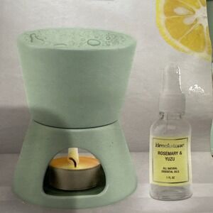 Brookstone Ceramic Oil Warmer Set Sage Grn Rosemary Yuzu Essential Oil 6 Candles